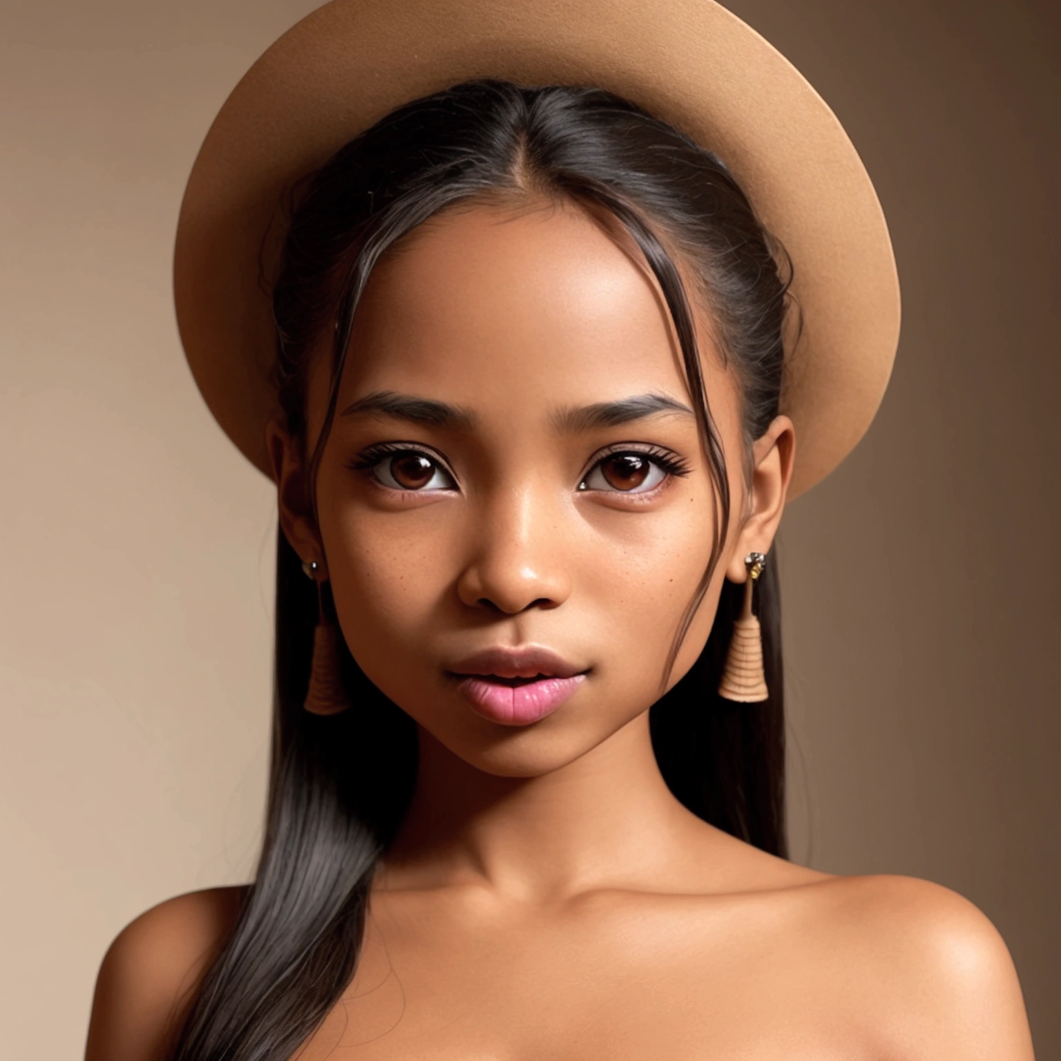 Girl, , slim, small bust, naked, sticking out tongue, indigenous, brown skin, very , tender, light eyes.