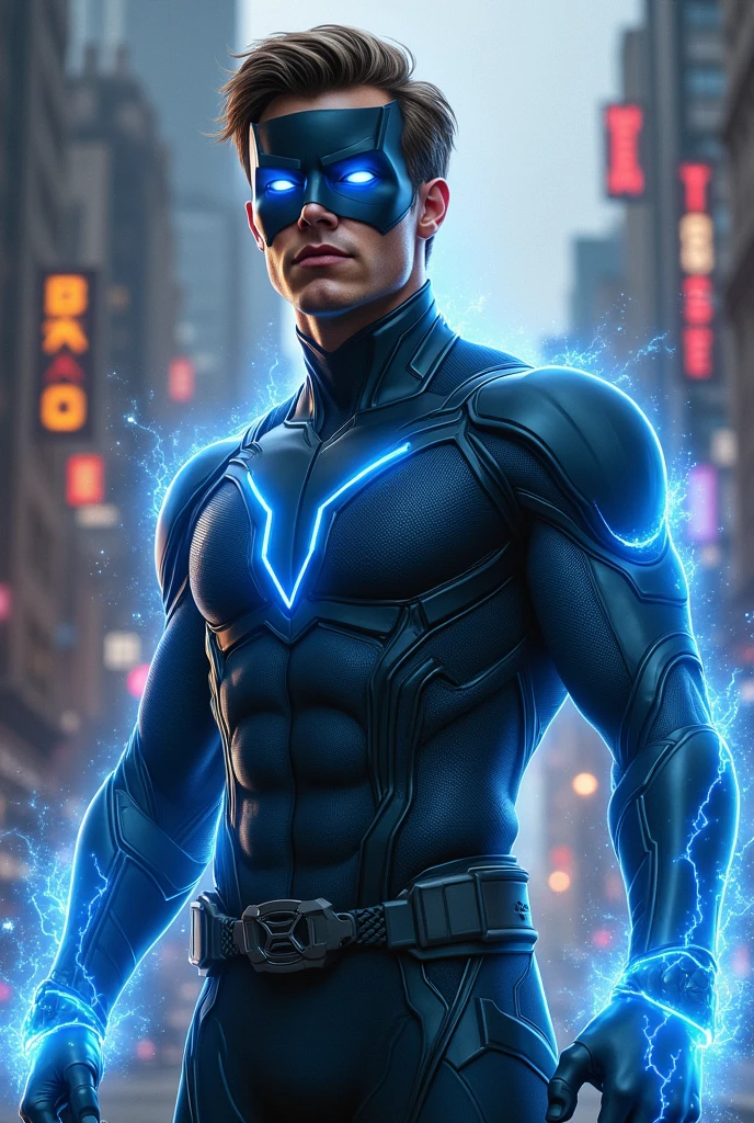 A handsome young marvel superhero with ray power black mask with white eyes mostly dark blue suit 