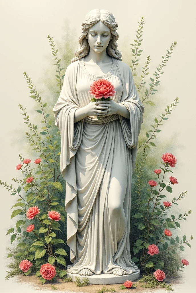 statue holding a flower drawing