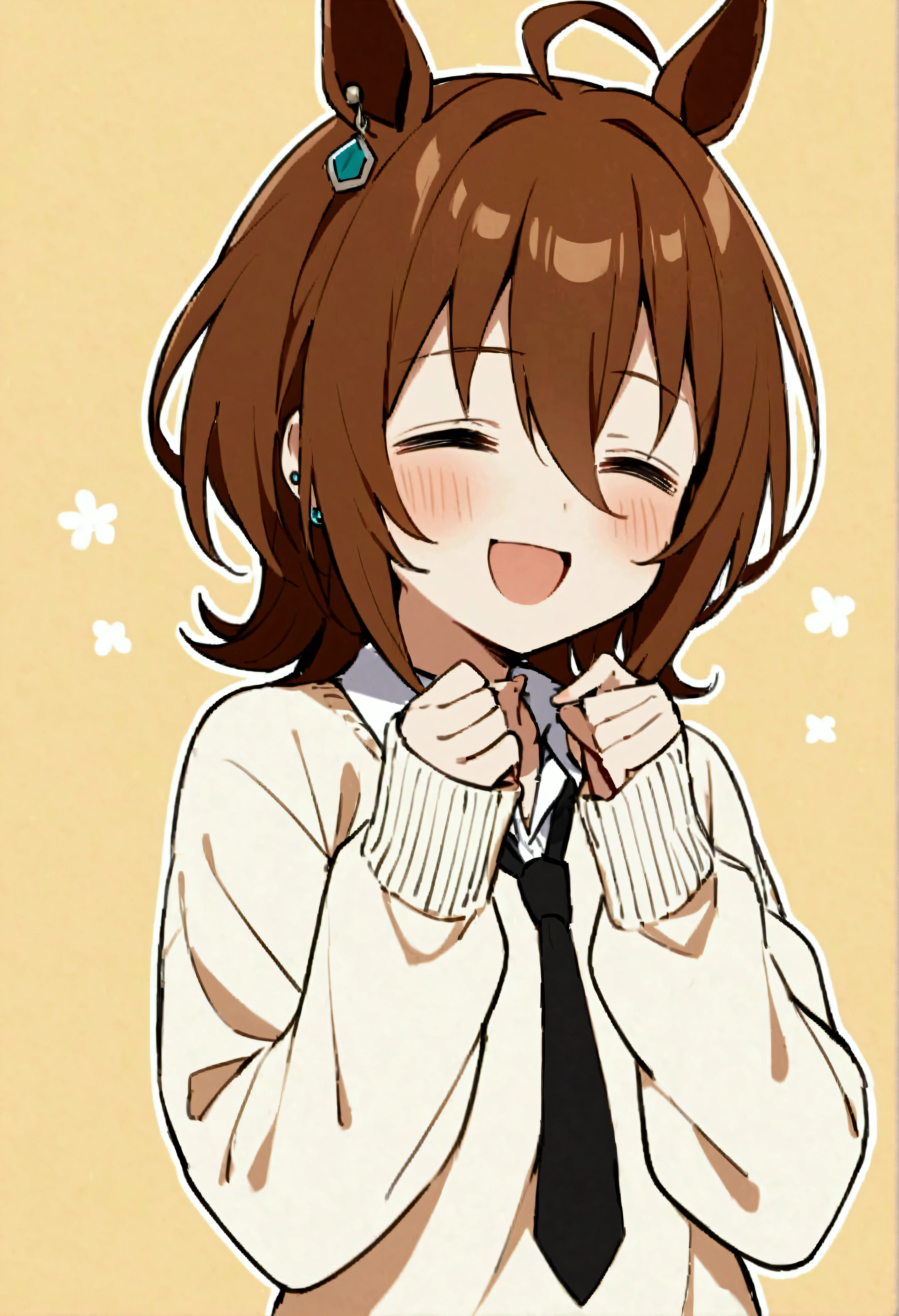masterpiece、Highest quality、One person、Agnes Tachyon \(Horse Girl\)、solo、Animal ears、Horse's ears、Ahoge、Brown Hair、Sleeves longer than the fingers、Sleeves longer than the wrist、White、Simple Background、Open your mouth、smile、close your eyes、Upper Body、tie、黄色のsweater、Ma Niang、=_=、黒のtie、blush、bangs、Medium Hair、片方のEarrings、Earrings、jewelry、Long sleeve、shirt、Hair between the eyes、White、sweater