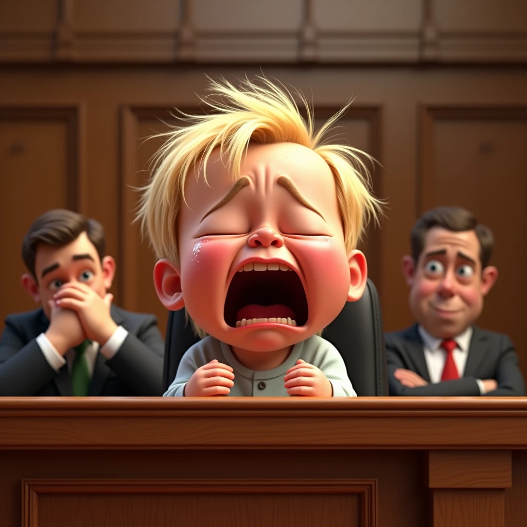 Im Stil von Pixar 3D- The animated film, Caricature. A baby with blond hair sits in the dock in court and cries and screams. A lawyer sits next to him and embarrassedly holds his hand in front of his eyes.