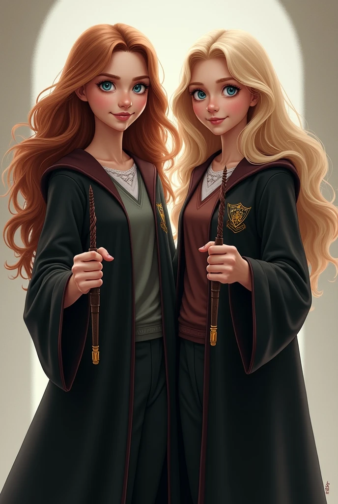 realistic Hermione Granger in a robe and a wand stands side by side with a blue-eyed blonde in the same robe and wand as Hermione Granger. The girls are smiling.