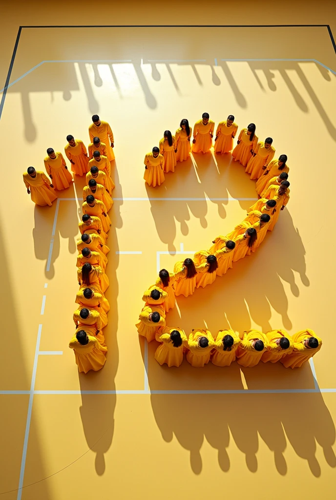photo of people seen from an angle almost from above dressed in yellow forming the number twelve, court floor