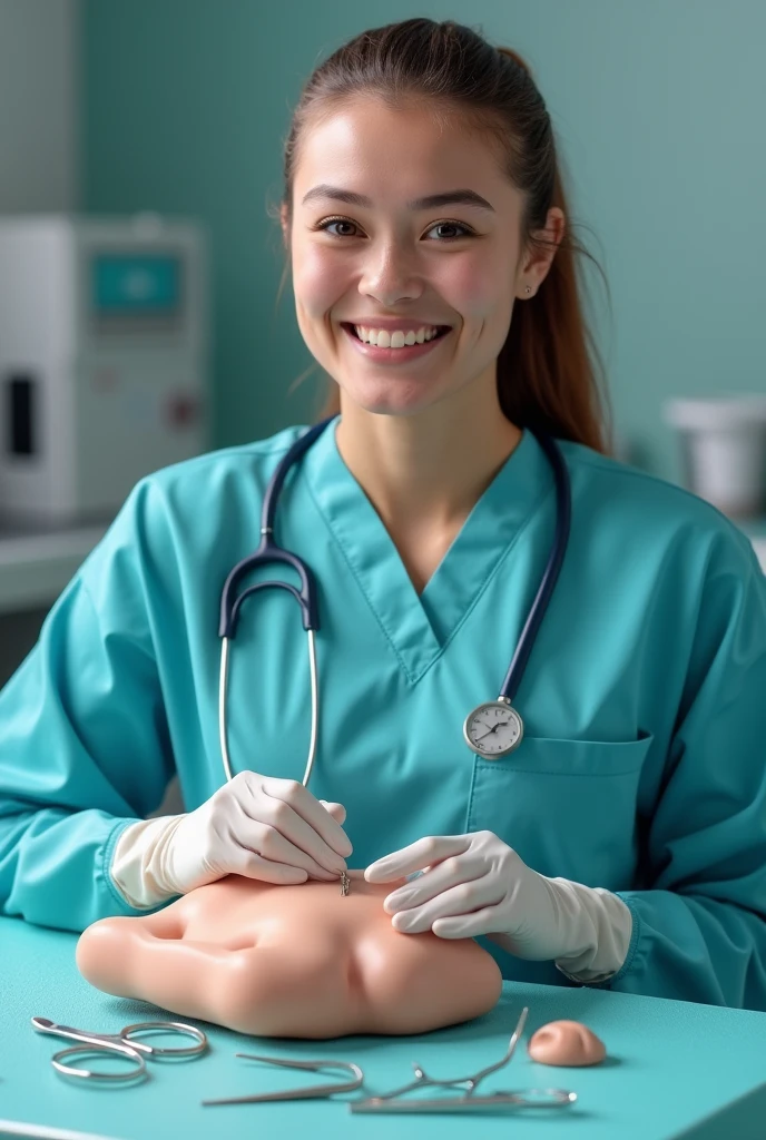 a suture kit with needle holder, scalpel handle, scissoring, dissection forceps, and a synthetic skin being worn by a happy medical student.