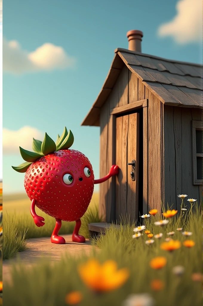 Strawberry knocking on the door of a little house on the prairie
