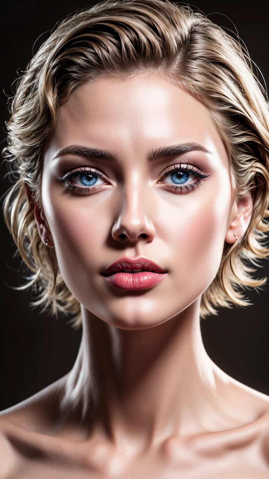 Realism, Realistic, ((ultra realistic details: velvety skin, blonde short slicked to the side hair, symmetrical lips, light glossy red_lipstick, long blue_eyelashes, pupils, BREAK ((brown_eyes))), anatomicallycorrect, perfect proportions), BREAK Hyper-Photorealistic ((portrait)) a cute 1model:1.4 24yo, dslr, best high quality soft lighting, sharp focus captured by Fujifilm XT3, f 5.6, in a dramatic lighting, l (perfect composition), ((pale skin)), ((dry skin)),