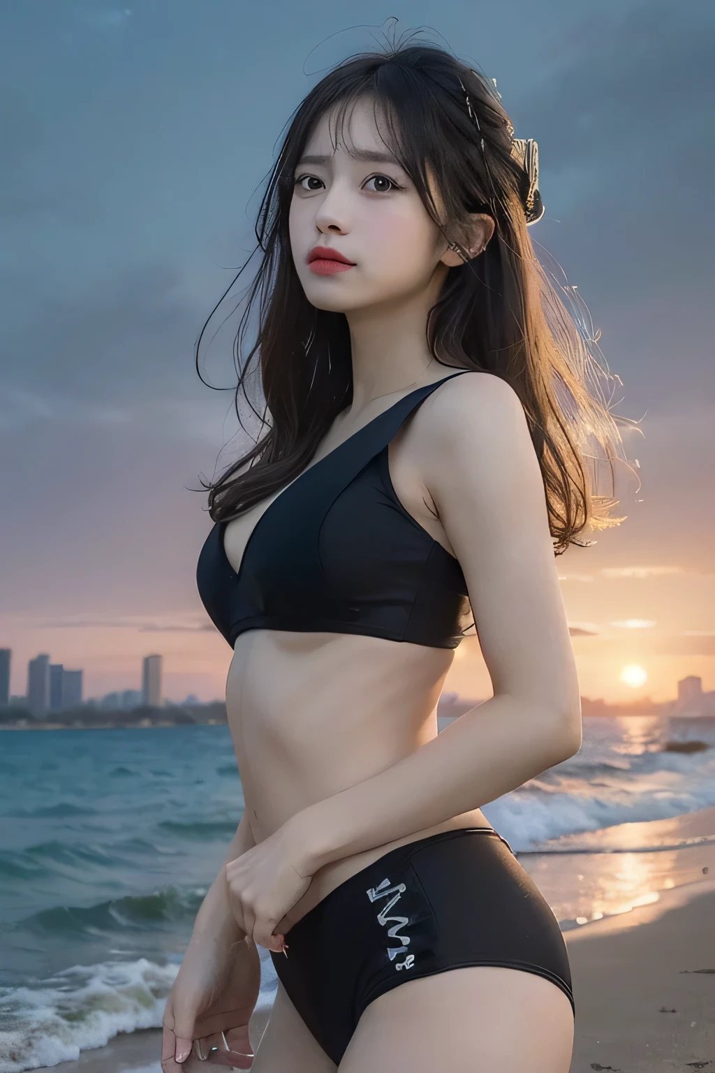 cute & girly \(idolmaster\), facial, (8k, RAW photo, best quality, masterpiece:1.2), ultra detailed, ultra high res, (realistic, photo realistic:1.2), high detail RAW color photo, professional photograph, depth of field, an extremely delicate and beautiful, extremely detailed, 8k wallpaper,  moist skin, art by Balcomb Greene, (art by David Alfaro Siqueiros:1.3),  photograph, shoulder-level shot of a Intellectual South-American Kiteboard Energy patterns, background is [Chicago|Fossil fuel power station], at Twilight, Neo, flat lighting, film grain, dslr, 800mm lens, behance HD,(Large Breasts1.8), 1, super slim body, good fingers,