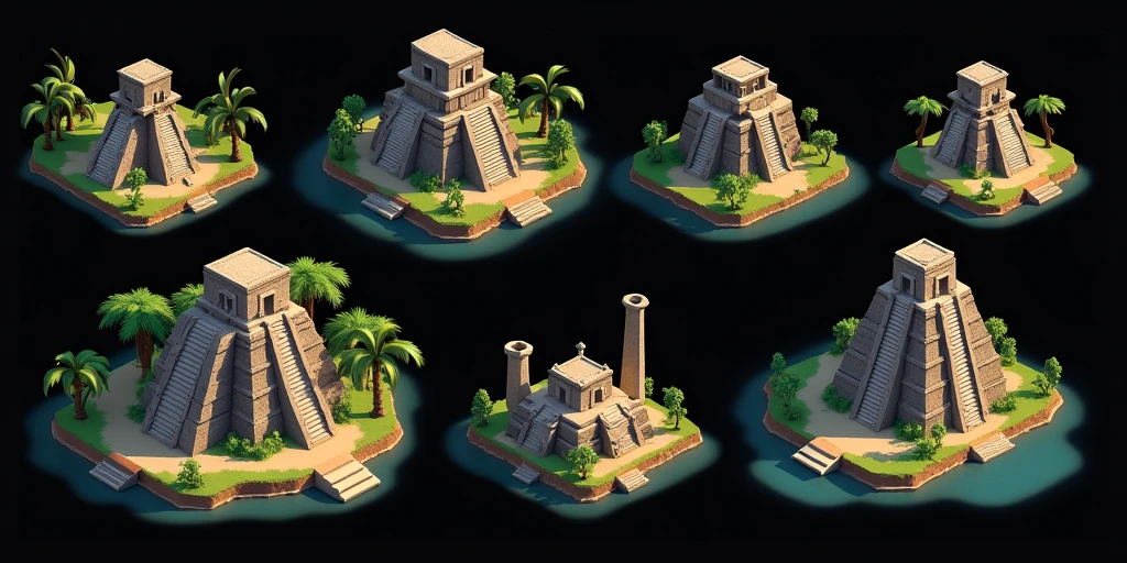 a close up of several different temples, detailed pyramid temples, small temples, Pyramids and temple details, isometric temples, prerendered isometric graphics, pyramids with obelisks of the water element, game assets, isometric game feature, large temples, Isometric views, temple background, isometric game art, temples detailed in detail, 3D Renderings