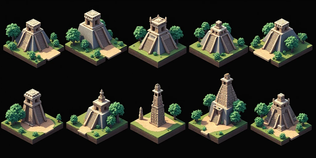 a close up of several different temples, detailed pyramid temples, small temples, Pyramids and temple details, isometric temples, prerendered isometric graphics, pyramids with obelisks of the water element, game assets, isometric game feature, large temples, Isometric views, temple background, isometric game art, temples detailed in detail, 3D Renderings