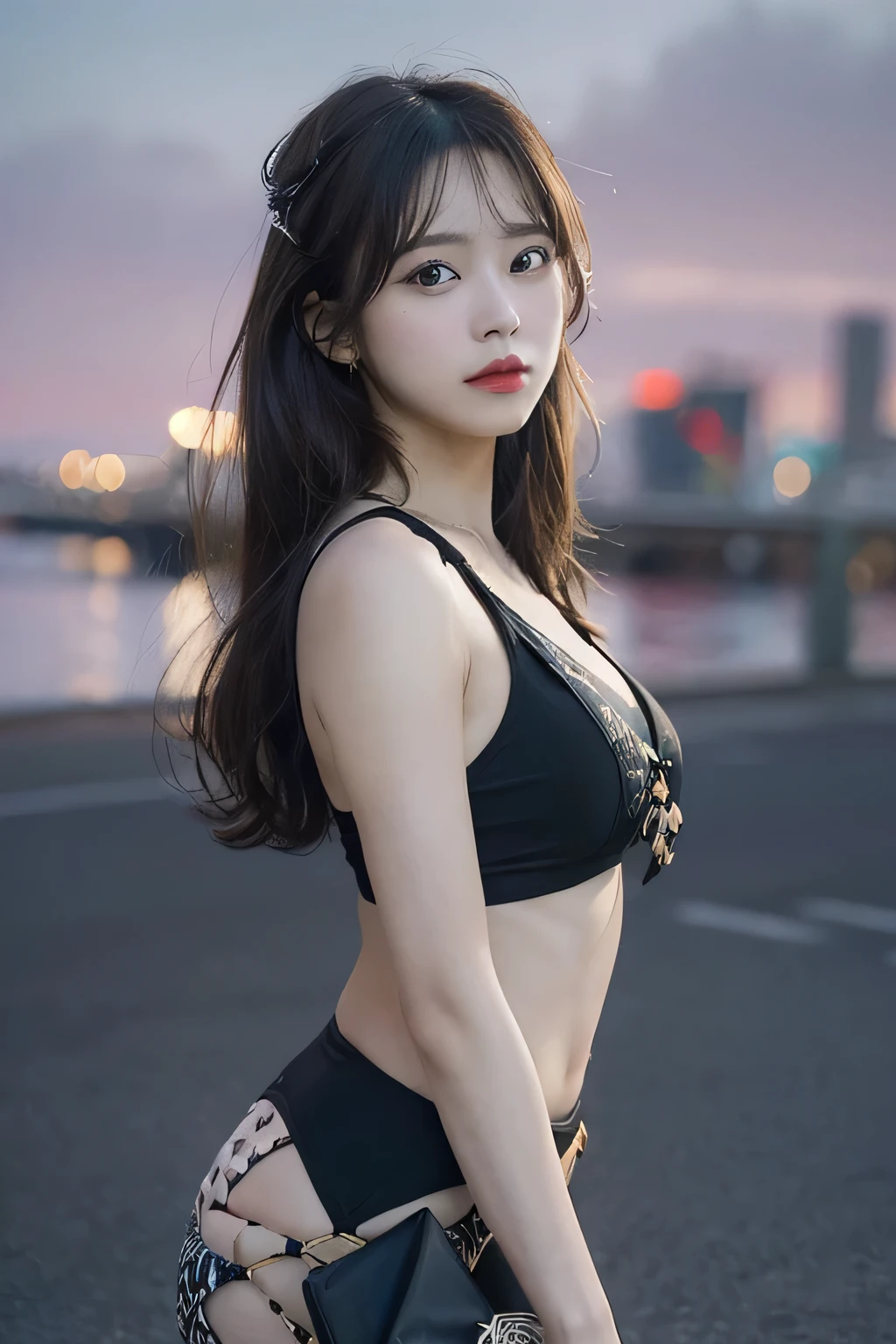 cute & girly \(idolmaster\), facial, (8k, RAW photo, best quality, masterpiece:1.2), ultra detailed, ultra high res, (realistic, photo realistic:1.2), high detail RAW color photo, professional photograph, depth of field, an extremely delicate and beautiful, extremely detailed, 8k wallpaper,  moist skin, art by Balcomb Greene, (art by David Alfaro Siqueiros:1.3),  photograph, shoulder-level shot of a Intellectual South-American Kiteboard Energy patterns, background is [Chicago|Fossil fuel power station], at Twilight, Neo, flat lighting, film grain, dslr, 800mm lens, behance HD,(Large Breasts1.8), 1, super slim body, good fingers,