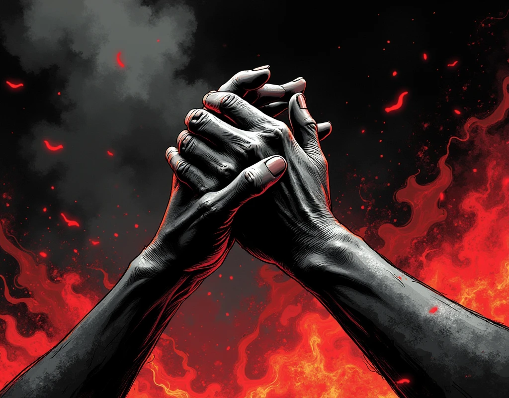 Hands shaking in pain, with fire and smoke around them, the image is in black and white, with red details, the type of image is comic noir style