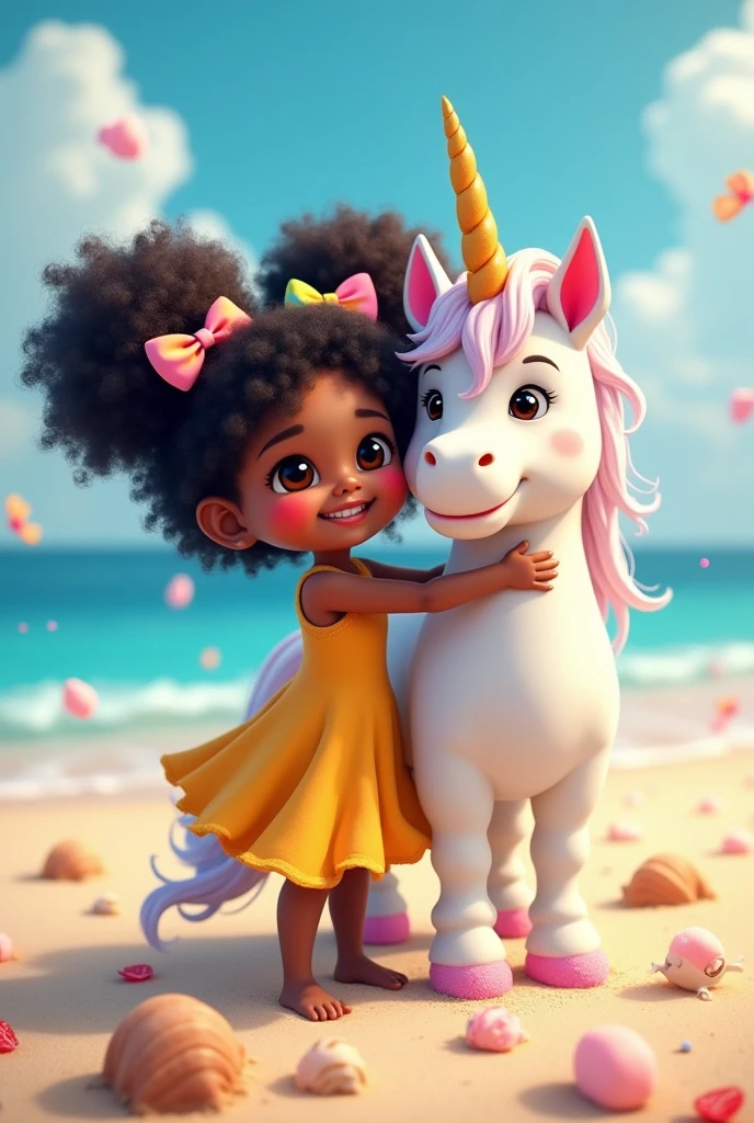 dress color: Yellow - Skin color: Black - Hair color: Black - Lots of hair, curly and with two buns with unicorn bows.
- Hugging a Unicorn, com marshmallows, and bracelets on the arms.
- The strength of your entity: Beachside - Eye Color: Dark Brown - Use of Makeup: No - giving a beautiful laugh - Position: Standing on the beach - With seashells and fish on the seashore - The appearance of a 4-year-old Mariazinha da Praia.