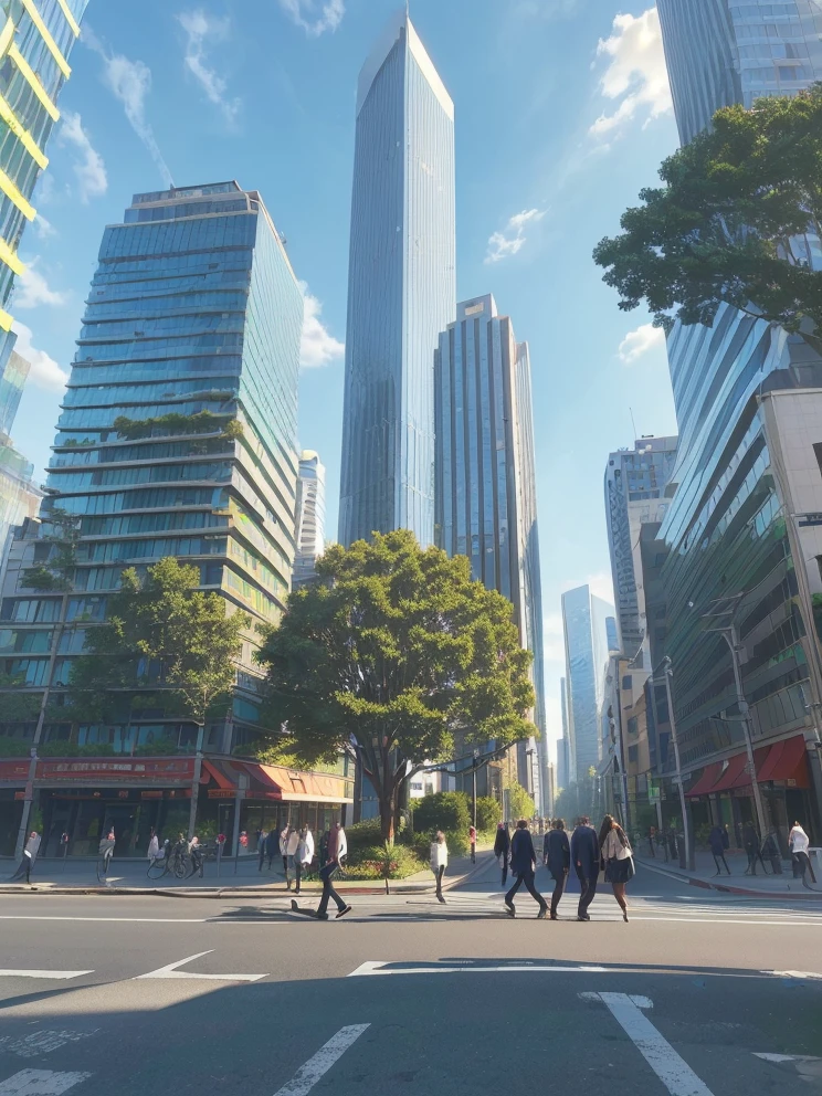 A detailed, photorealistic cityscape of a bright, sunlit office district, with tall modern buildings, clean streets, people walking, lush greenery, and a warm, inviting atmosphere, (best quality,4k,8k,highres,masterpiece:1.2),ultra-detailed,(realistic,photorealistic,photo-realistic:1.37),city,cityscape,office buildings,office district,modern architecture,sunny day,people walking,pedestrians,street scene,green trees,plants,blue sky,clouds,bright sunlight,warm tones,detailed textures