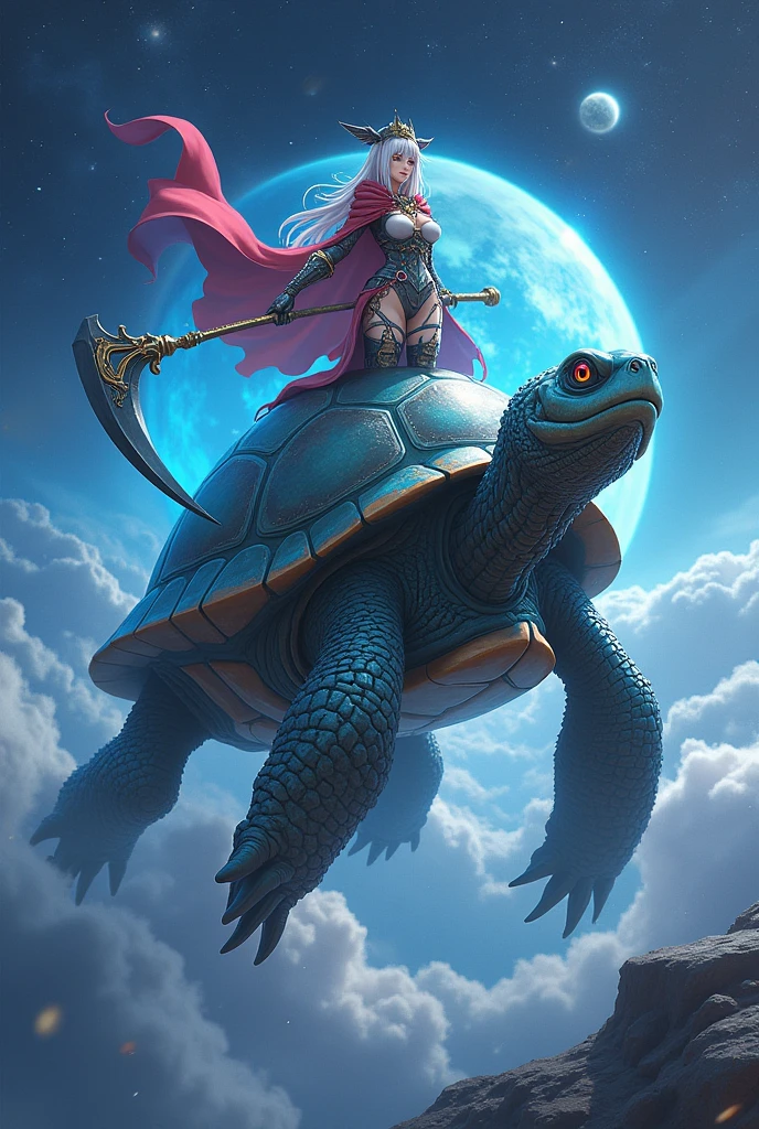 (Pictureanime) A magical turtle that has aUranus as its shell, with a anime girl on it. The girl has a cape and Scythe and somewhat armored.
the turtle should be the main focus and the girl can be seen on its head riding it. There should be no clouds or anything since they are in the middle of the galaxy and the background include stars and a planet representing what the turtles element is. Since its Uranus the turtle should be almost water based like an elemental and they should be facing us The planets should be closer to the theme, like they are in the center