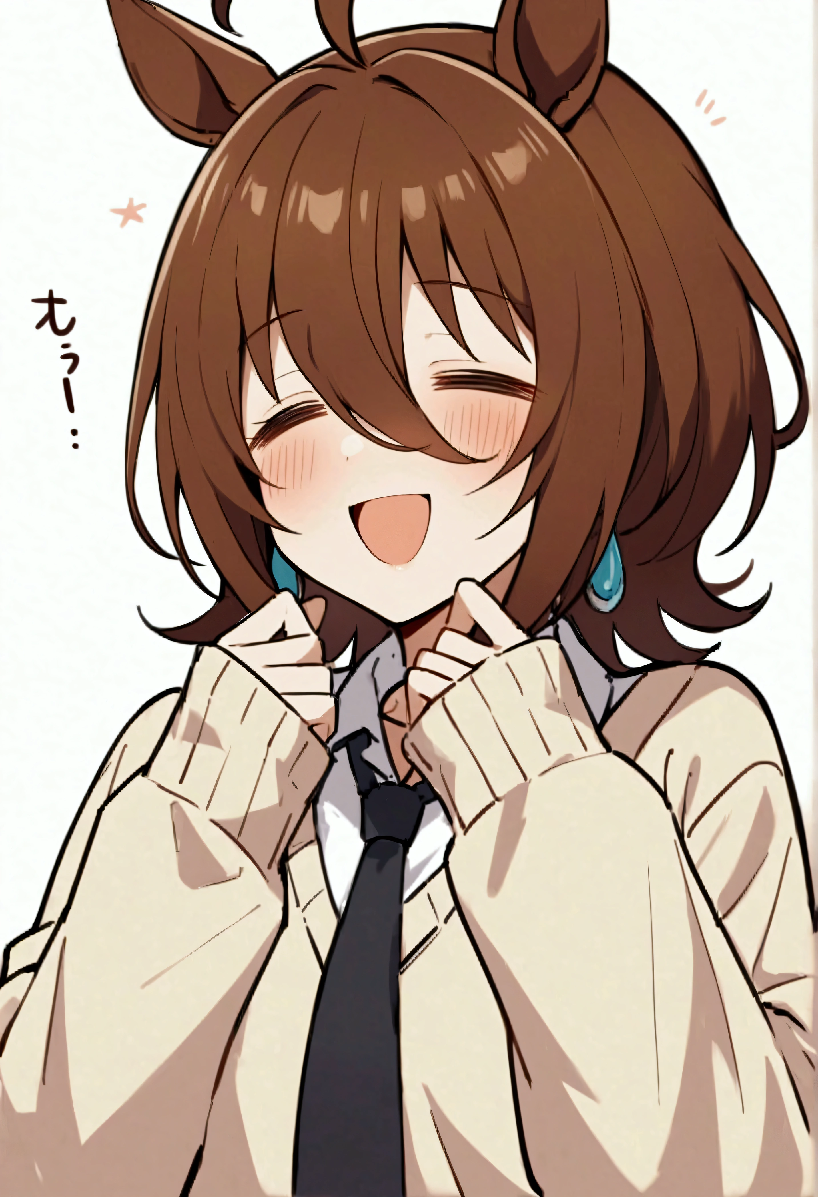 masterpiece、Highest quality、One person、Agnes Tachyon \(Horse Girl\)、solo、Animal ears、Horse's ears、Ahoge、Brown Hair、Sleeves longer than the fingers、Sleeves longer than the wrist、White、Simple Background、Open your mouth、smile、close your eyes、Upper Body、tie、黄色のsweater、Ma Niang、=_=、黒のtie、blush、bangs、Medium Hair、片方のEarrings、Earrings、jewelry、Long sleeve、shirt、Hair between the eyes、White、sweater