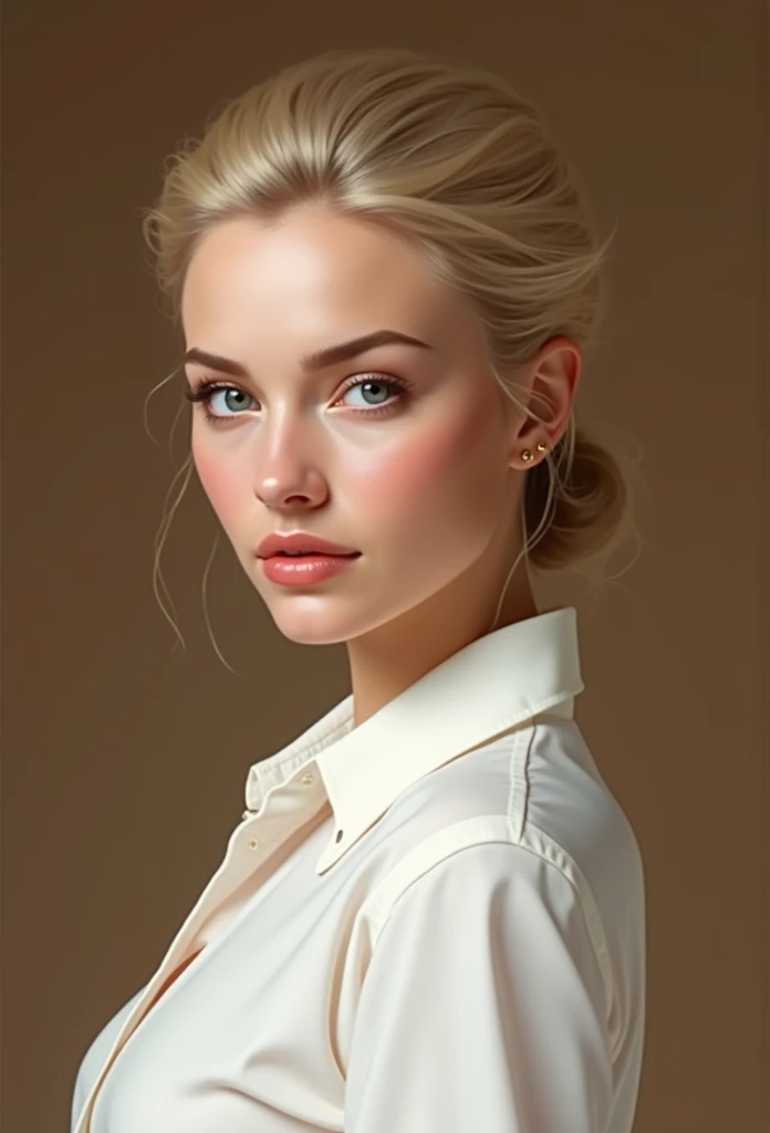 a painting of a woman with a white shirt and a brown background, karol bak uhd, gorgeous digital painting, beautiful character painting, elegant digital painting, fully clothed. painting of sexy, hd digital painting, eve ventrue, beautiful digital painting, detailed painting 4 k, stunning digital painting, gorgeous woman, realistic female portrait, beautiful digital artwork, blonde woman