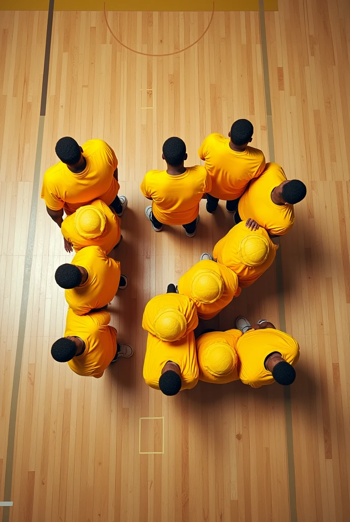 photo of people seen from an angle almost from above, dressed in yellow shirts forming the number twelve, court floor