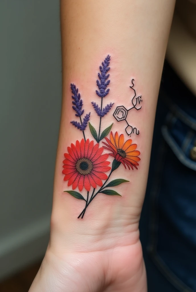 Tattoo on the forearm of the serotonin molecule with a small sprig of lavender and gerbera surrounding it, in addition to the letters S and G in cursive
