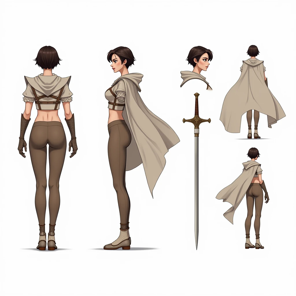 Detailed character sheet, Front view, Side view, Diagonal view, with a white returnground, show women, 30 years old, with short dark brown hair combed return, 1 female warrior, Wave Cape, long flowing hair, Swordsman style, Light Armor, (Earth-toned long leggings), Slim figure, Toned thighs, Tight round ass, Low angle shot, From below, The seat includes different angles, Front desk etc..., return, and Side views, Models and Reference Sheets, Full body paint. This ratio is based on 7,8 Head Scale.