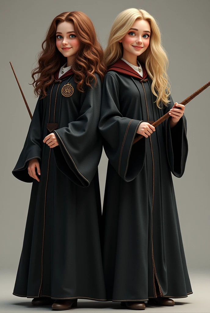 realistic Hermione Granger with brown eyes in a robe and a wand stands side by side with other a blue-eyed blonde in the same robe and wand as Hermione Granger. The girls are smiling.