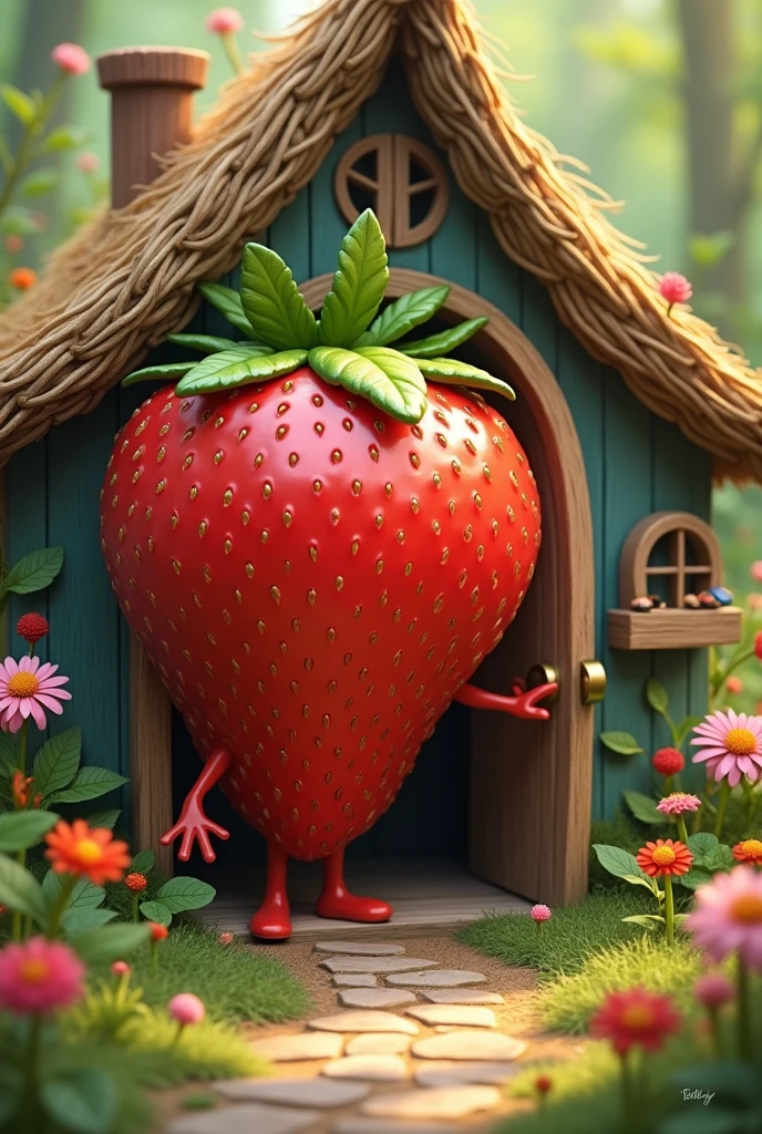 Strawberry knocking on the door of a little house