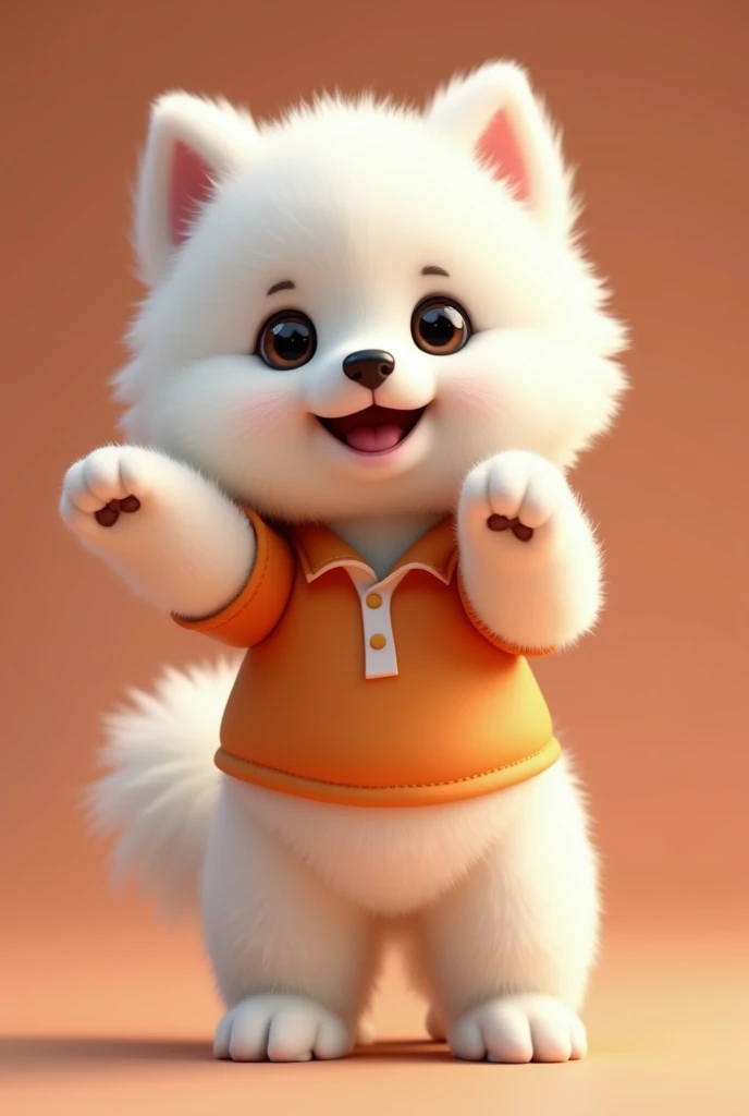 A Samoyed puppy standing facing forward with its front legs raised。
Big eyes with a cute, human-like expression。Slightly larger head than body。limbs are short。A fluffy, large tail。
Wearing a polo shirt。Glossy texture。
Japanese background。