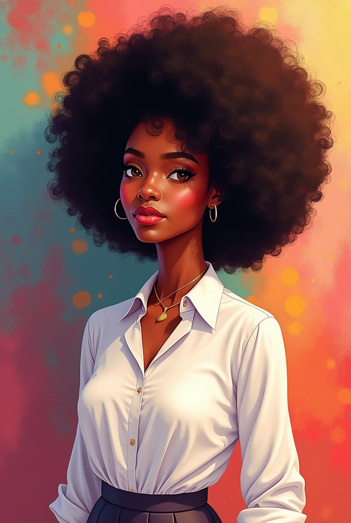 drawing of a woman with big afro hair and a white blouse, in digital illustration style, cartoon art style, african american elegant girl, colorful illustration, black african princess, cartoon digital art, african american girl, cartoon style illustration, digitally colored, young light-skinned African woman, official illustration, afro, young african american, african american woman, jovem negra