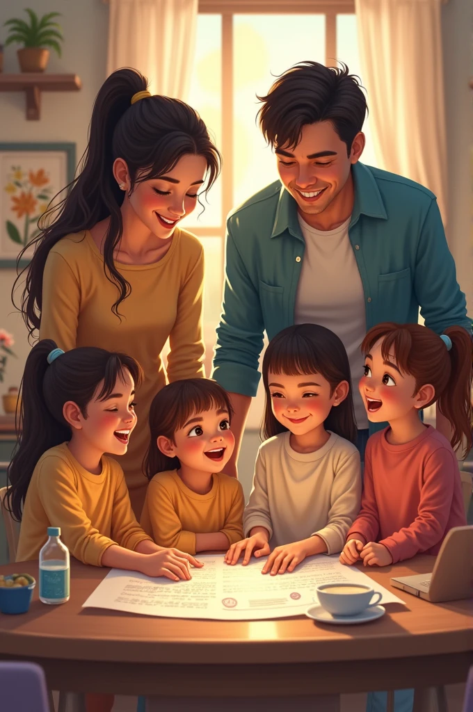 A family of four children, being three girls and one and their parents. Gathered together planning a bright future.