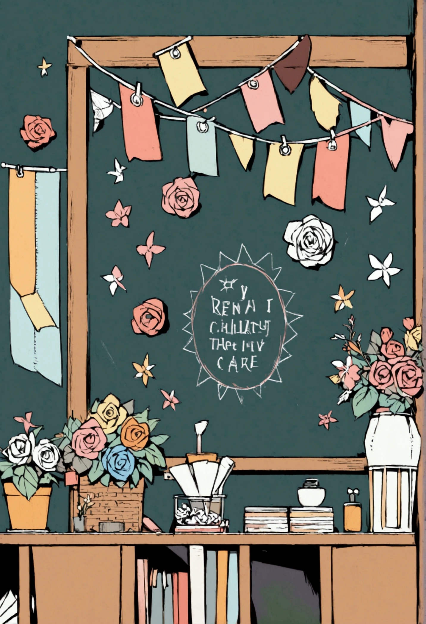 A line art illustration of a chalk board decorated with paper flowers,banners