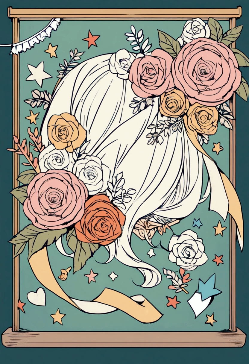 A line art illustration of a chalk board decorated with paper flowers,banners