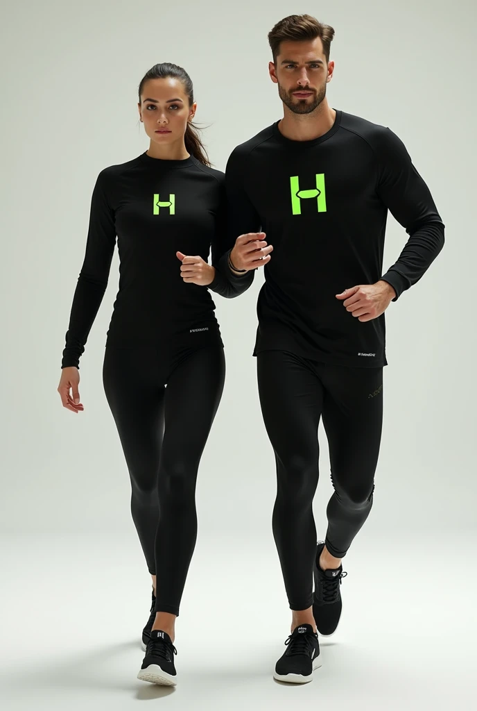 General image of a man and woman wearing black long-sleeved sports outfits and leggings with a lemon green H letter logo