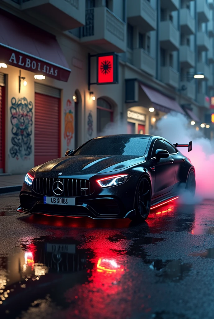 can u make an all black mercedes amg cls in the night with dark windows in the tirana city albania with body kit red neon under the car wheels smoking and an albania flag attached on the car mirrors the vehicle is in albania and add wet street and graffiti walls with albania write it on and show mw the front car which is toward to the left