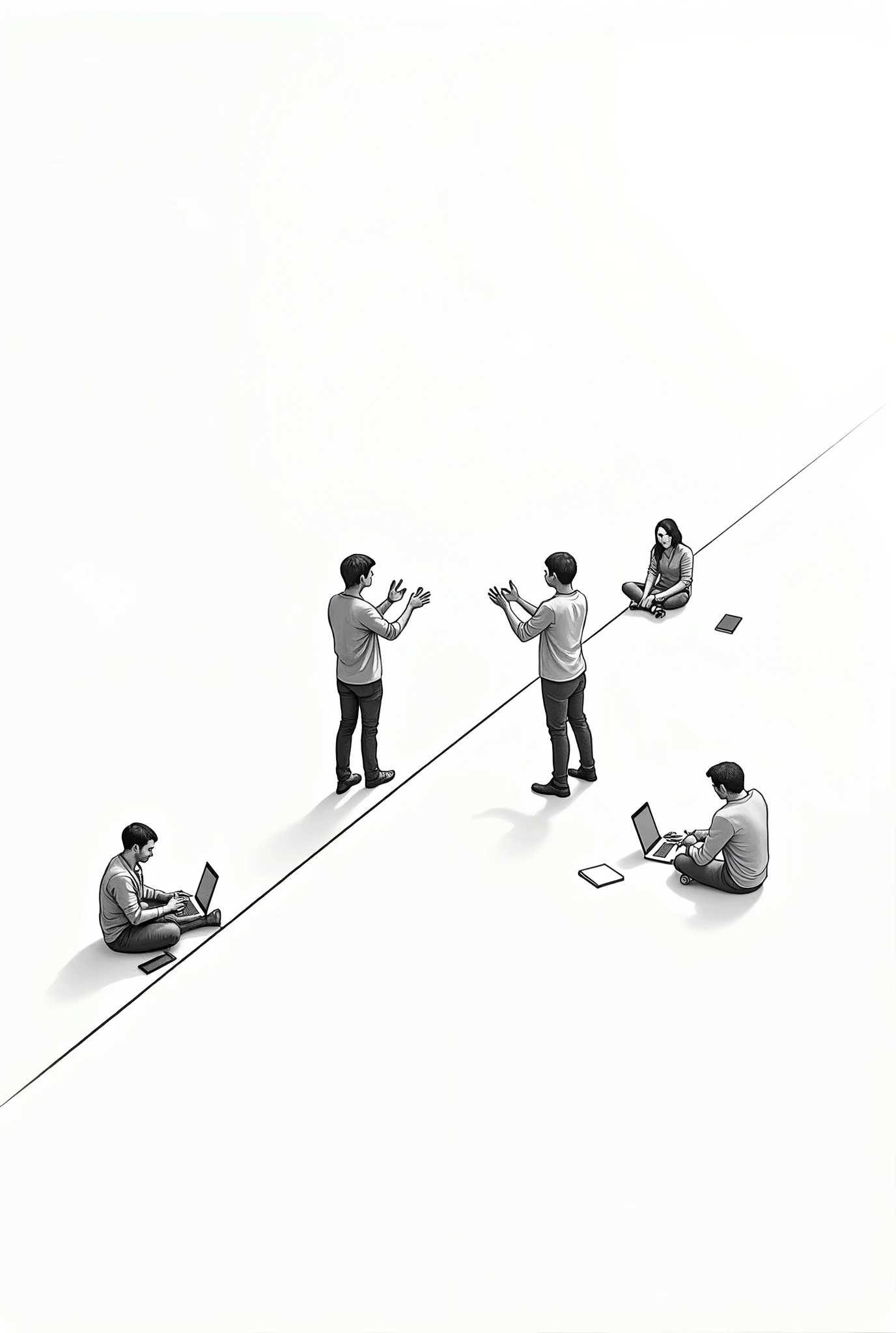 drawing of two people standing separated by a horizontal line 5 meters from foot to foot, and each person is clapping and each person has another person behind them sitting on the floor with a cell phone and a notebook on the floor.