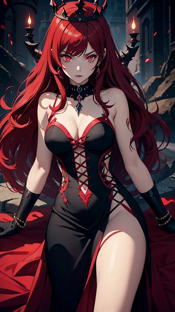 [Whole body]A woman, devil, queen, powerful, Red hair, Wild look, semi worn black dress,tight, of fantasy, red jeweled crown, pink eyes