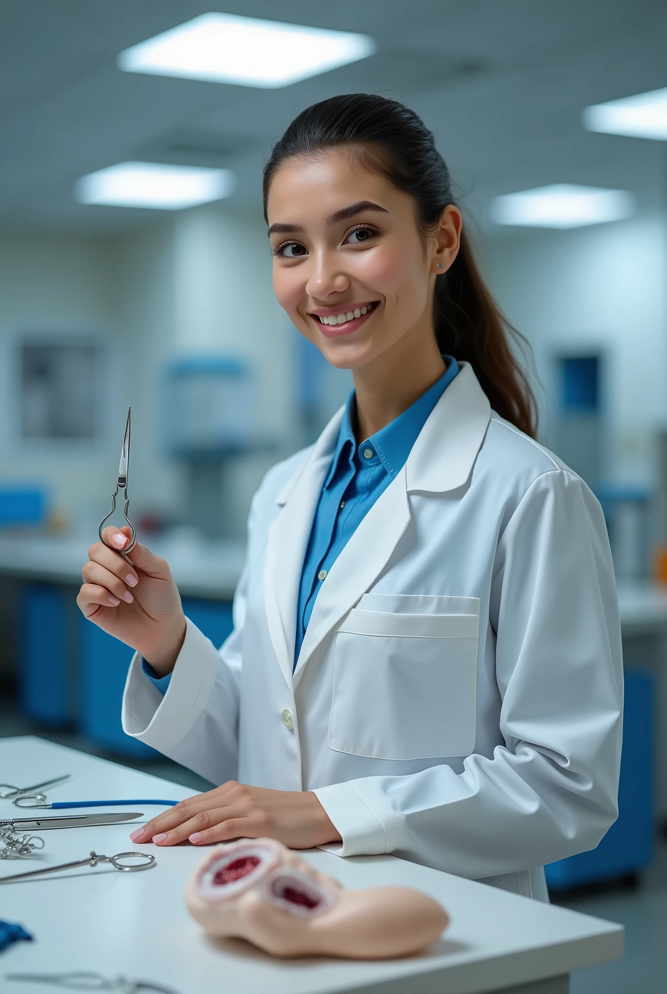 a suture kit with needle holder, scalpel handle, scissoring, dissection forceps, and a synthetic skin being worn by a happy medical student.