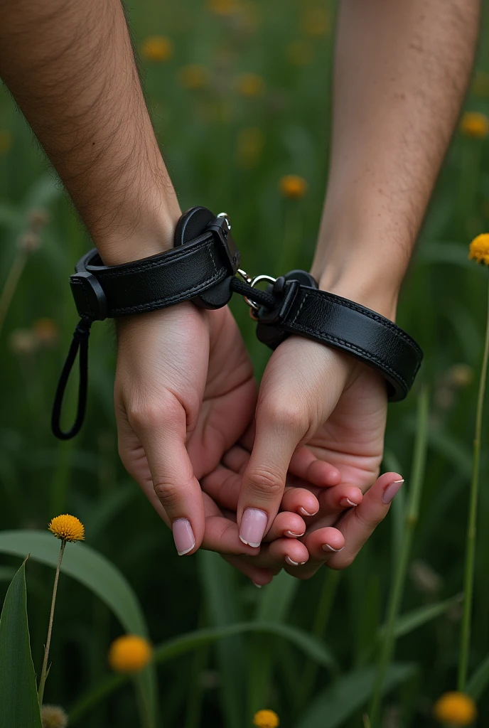 2 hands tied with black leather handcuffs on a cut meadow