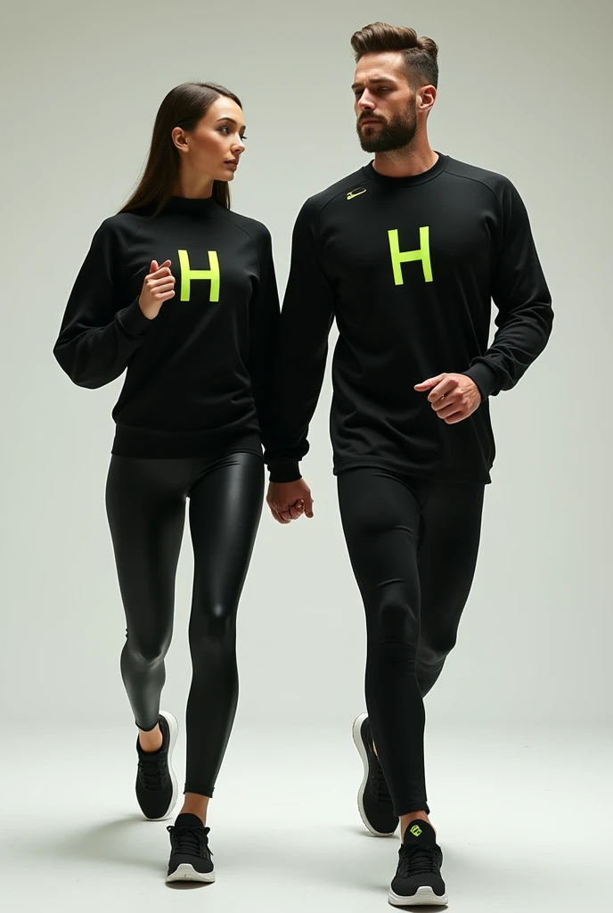 General image of a man and woman wearing black long-sleeved sports outfits and leggings with a lemon green H letter logo