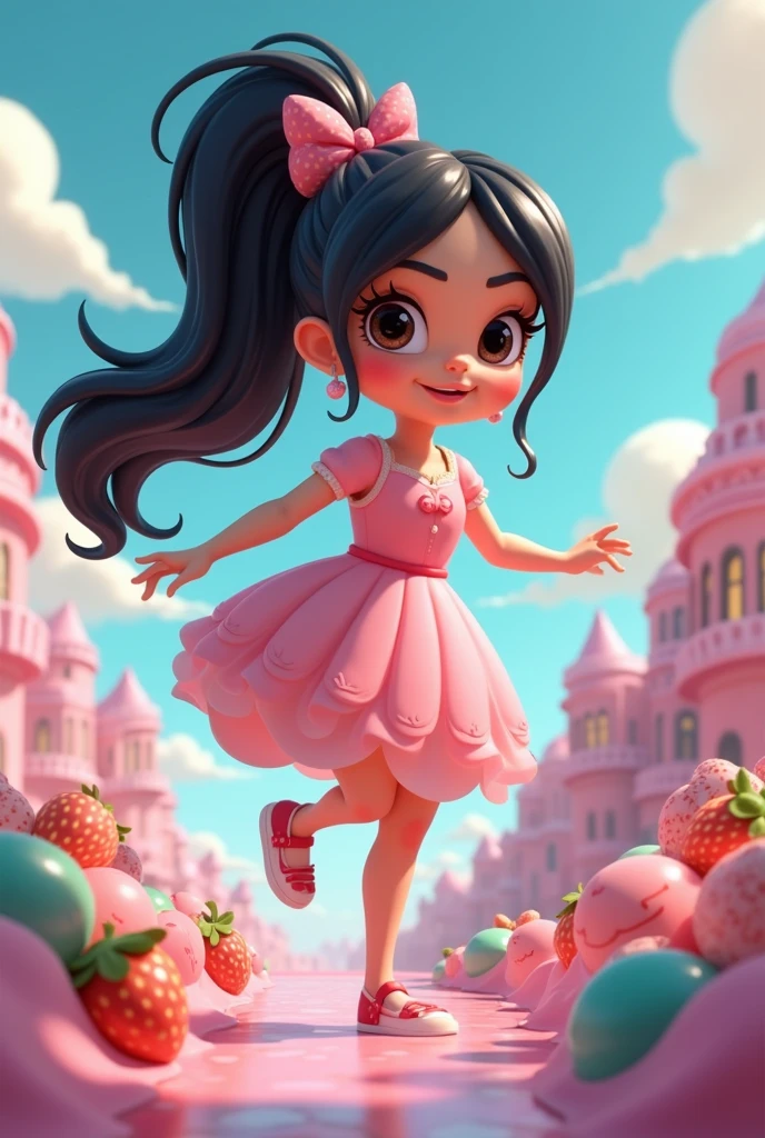 Create a character and base it on Vanelope von Schweetz from Sugar Rush in Wreck-It Ralph , in a candy world, make her have a feminine pink dress, long black hair with strawberry clips with cream and chocolate and a high ponytail held by a donut hair tie, the donut ponytail and strawberry clips are very important, White skin, small nose, pink cheeks with dimples, bushy eyebrows, big brown eyes, long eyelashes, let it be tender, similar to Vanelope, What is a girl, low, that the cartoon style looks like, that is almost identical to Vanelope, chubby girl, story, She is a 10 year old girl 