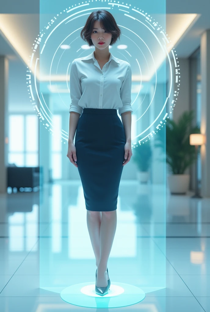 (photorealism:1.2), beautiful woman, brunette, assistant, pencil skirt, 18yo, corporate lobby, white floor and ceiling, blue lighting, hologram, projection, floating above ground, looking at camera, short hair