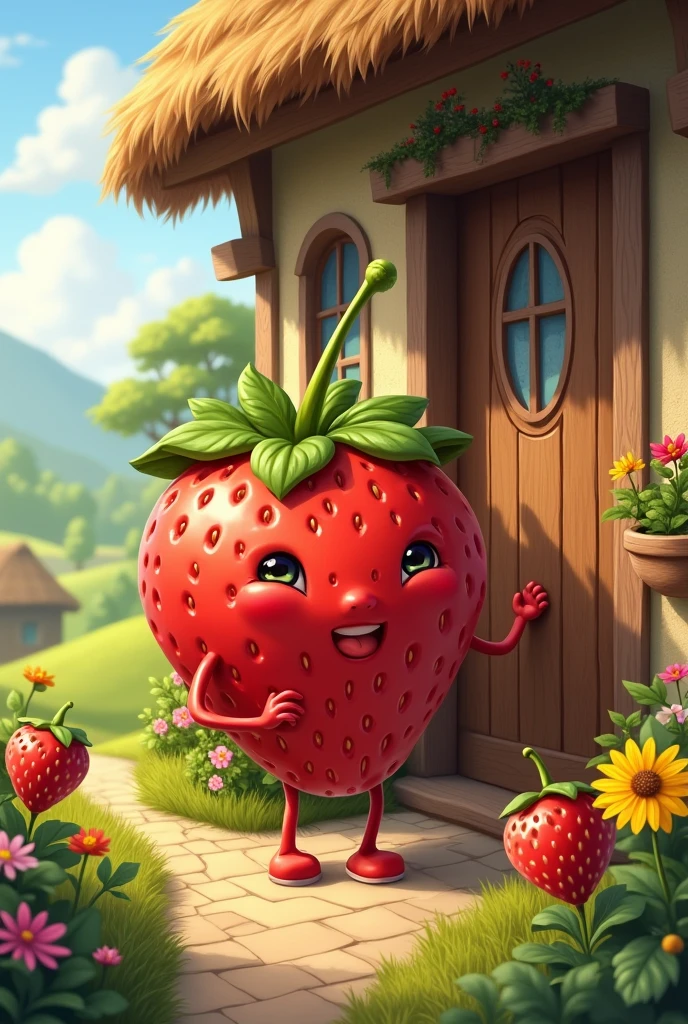 Strawberry knocking on the door of a little house in the countryside