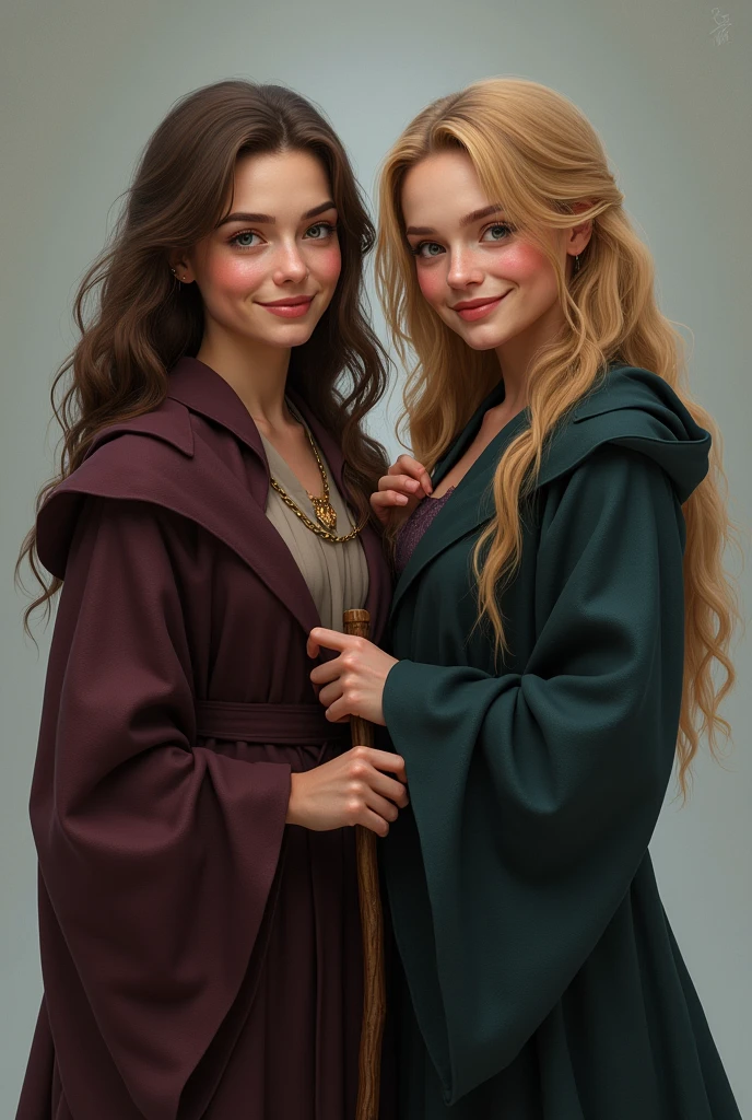 Adult realistic Hermione Granger with brown eyes  in a robe and a wand stands side by side with  other adult a blue-eyed blonde in the same robe and wand as Hermione Granger. The girls are smiling. Both girls look very exquisite