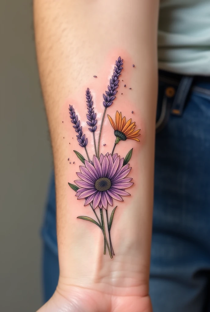 Tattoo on the wrist of the serotonin molecule with a sprig of lavender and a small gerbera that surround the molecule