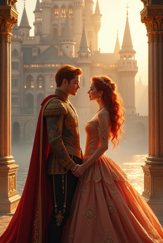 Redhead woman with her redhead boyfriend,with princess and prince clothes,big shiny castle background