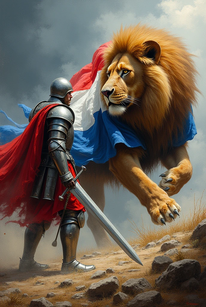 Make a warrior from England kill a lion that has the Dutch flag wrapped around its body