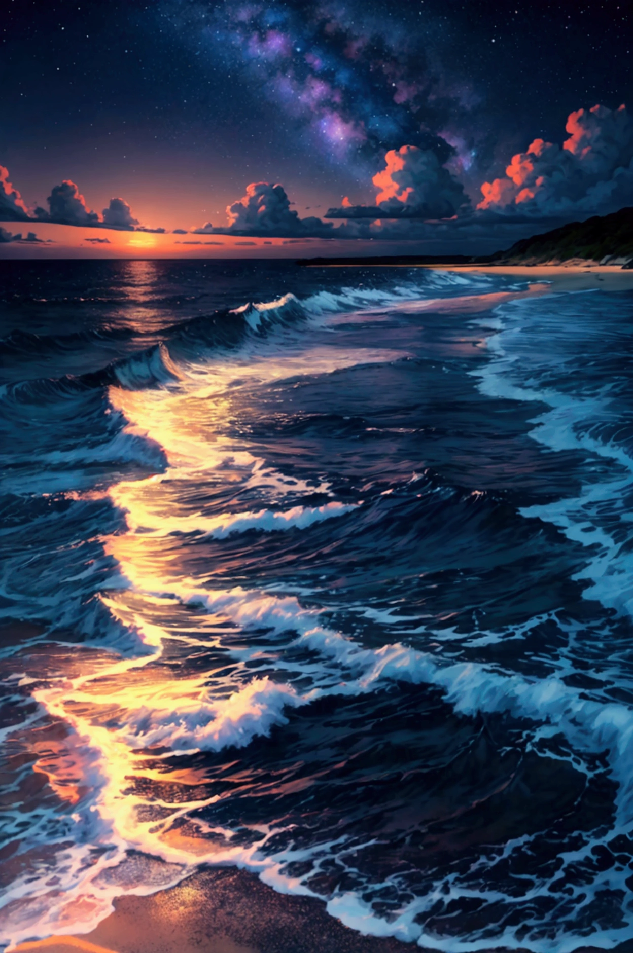 "A mesmerizing ultra-high-definition 4K anime-style digital painting showcasing a tranquil beach under a breathtaking starry night sky. The scene is bathed in the soft glow of moonlight, which reflects off the calm, crystal-clear waters lapping gently against the shore. The sand is a soft, pale hue, with delicate waves creating a subtle pattern as they meet the land. Above, the sky is a deep, velvety blue, filled with countless twinkling stars that seem to stretch infinitely into the cosmos. A few wisps of clouds drift lazily, partially obscuring a glowing crescent moon. In the distance, the ocean fades into the horizon, where the sky meets the water in a seamless blend of night’s colors. The beach is dotted with smooth, polished stones and tiny seashells that catch the light, adding a touch of magic to the serene scene. The overall atmosphere is peaceful and dreamlike, capturing the serene beauty of a quiet night by the sea, where the vastness of the universe feels close enough to touch."