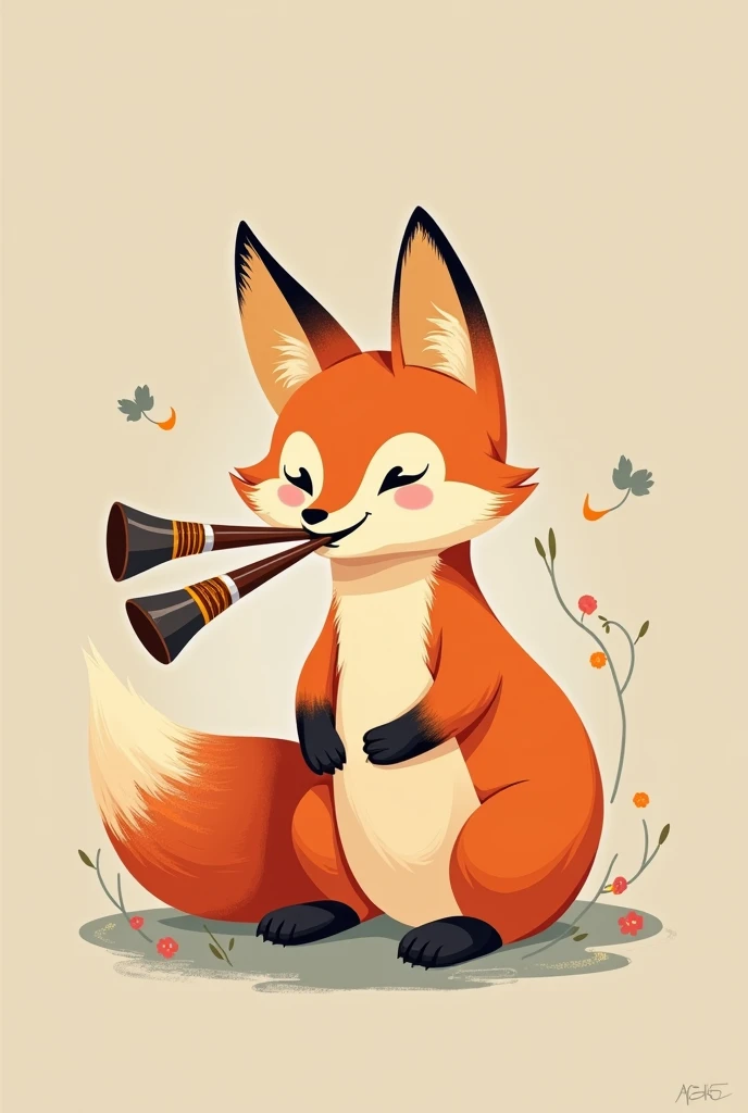 Create a fox playing sicuris with his panpipe in his mouth, flat drawing type image