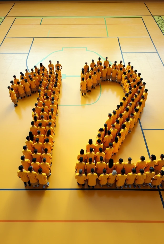photo of people seen from an angle almost from above dressed in yellow forming the number twelve, court floor vestidas de camisa amarela