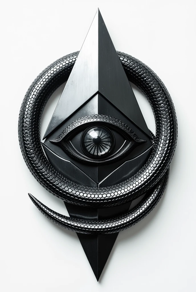 Logo, a pyramid with an eye in its center and a snake coiled around it, chrome