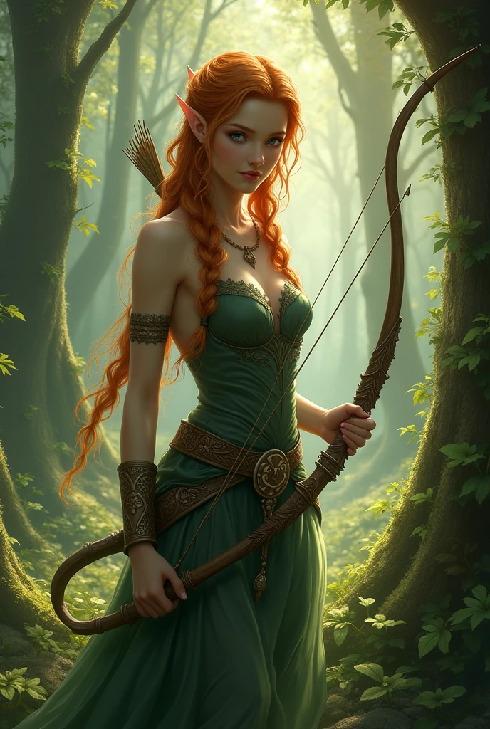 Fantasy: female elf, with bow, in a forest, braided ginger hair, blind on one eye