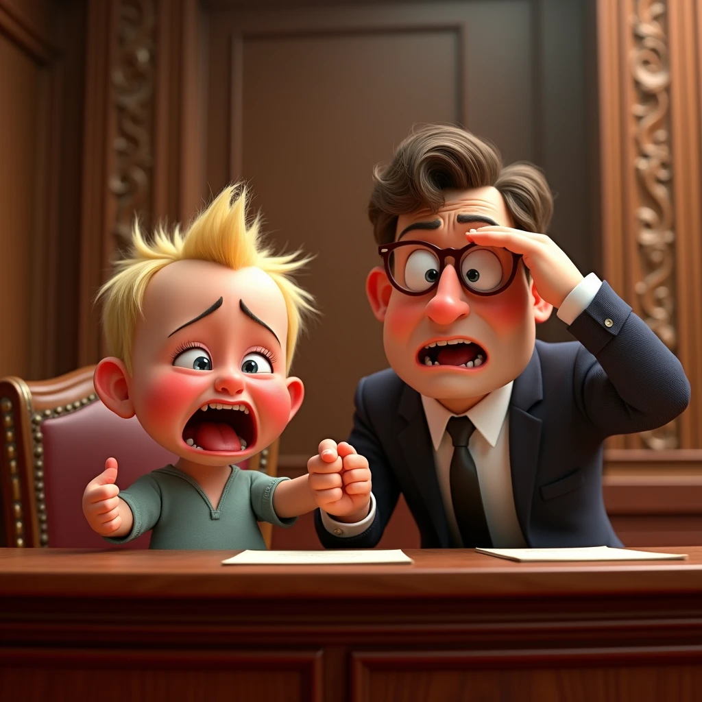 Im Stil von Pixar 3D- The animated film, Caricature. A baby with blond hair sits in the dock in court, crying tears and screaming. A lawyer sits next to him and embarrassedly holds his hand in front of his eyes.